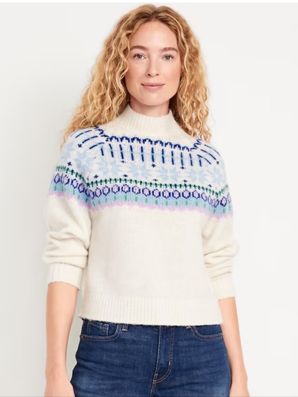 Old Navy Fair Isle Print Mock-Neck Sweater Women's Size Xlarge Cream